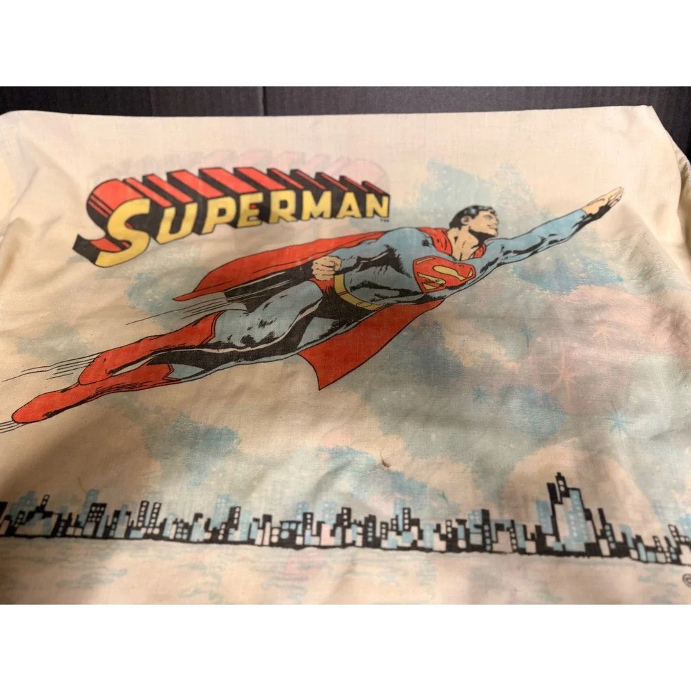 Vintage 1978 Superman Pillowcase DC Comics Metropolis Skyline Retro Bedding